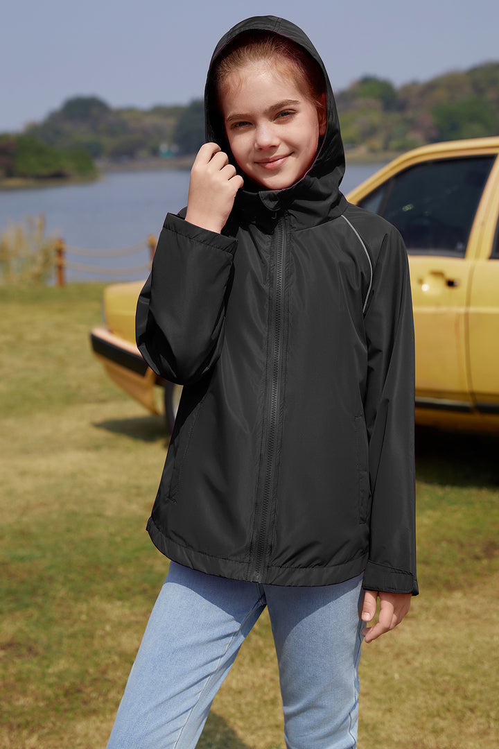 Girls Sporty Rain Jacket Waterproof Packable Lined Running Cycling Reflective Hooded Windbreaker