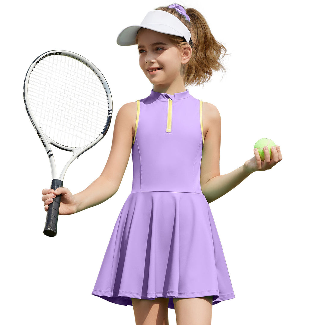 Girls Tennis Golf Dress Sleeveless Athletic Half Zipper Outfits with Shorts Aged 4-13Year