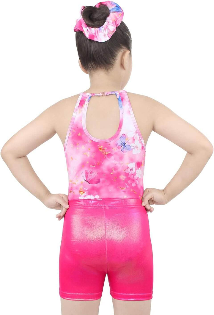 Pink Flower Open Back Gymnastics Leotards Outfit Set