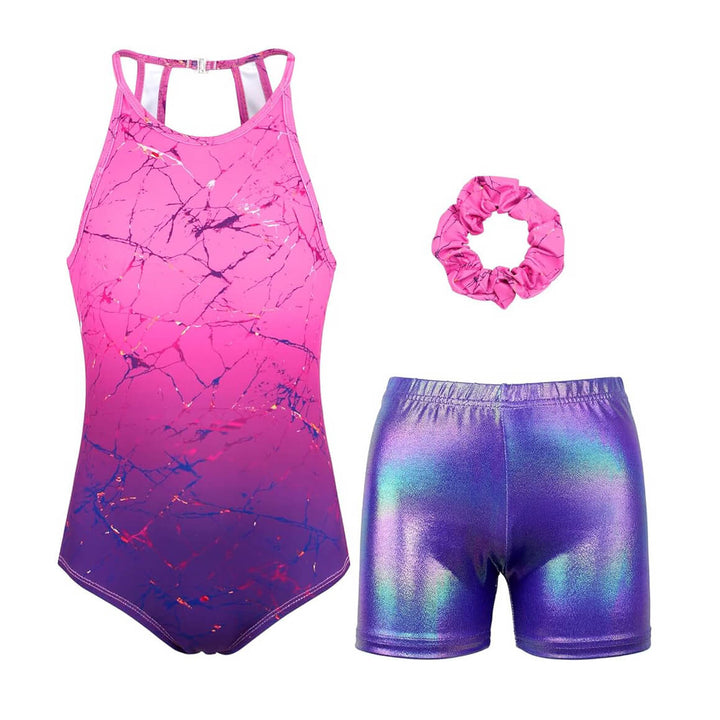 Pink to Purple Ombre Marble Open Back Gymnastics Leotards Outfit Set