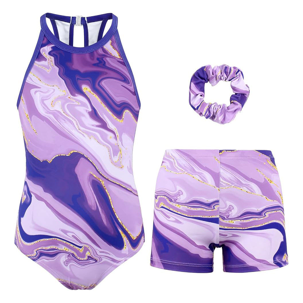 Purple Ripple Pattern Gymnastics Leotards Outfit Set