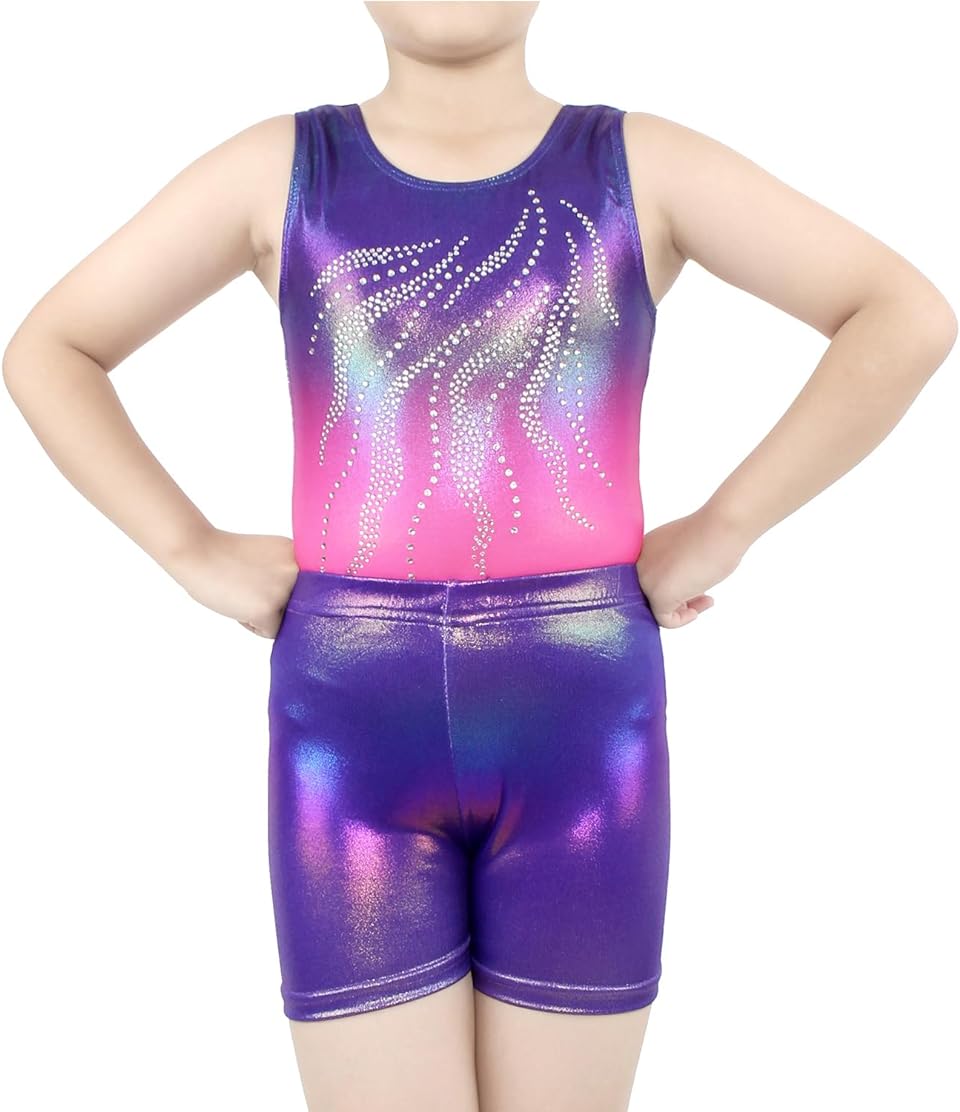 Purple To Pink Diamond Pattern Gymnastics Leotards with Shorts Set
