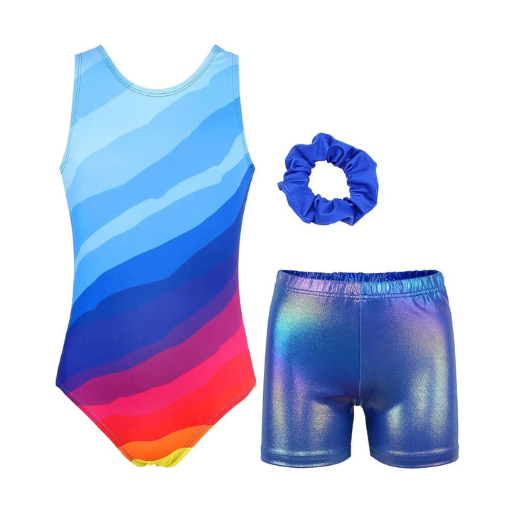 Rainbow Stripes Waves Pattern Gymnastics Leotard Outfit Set