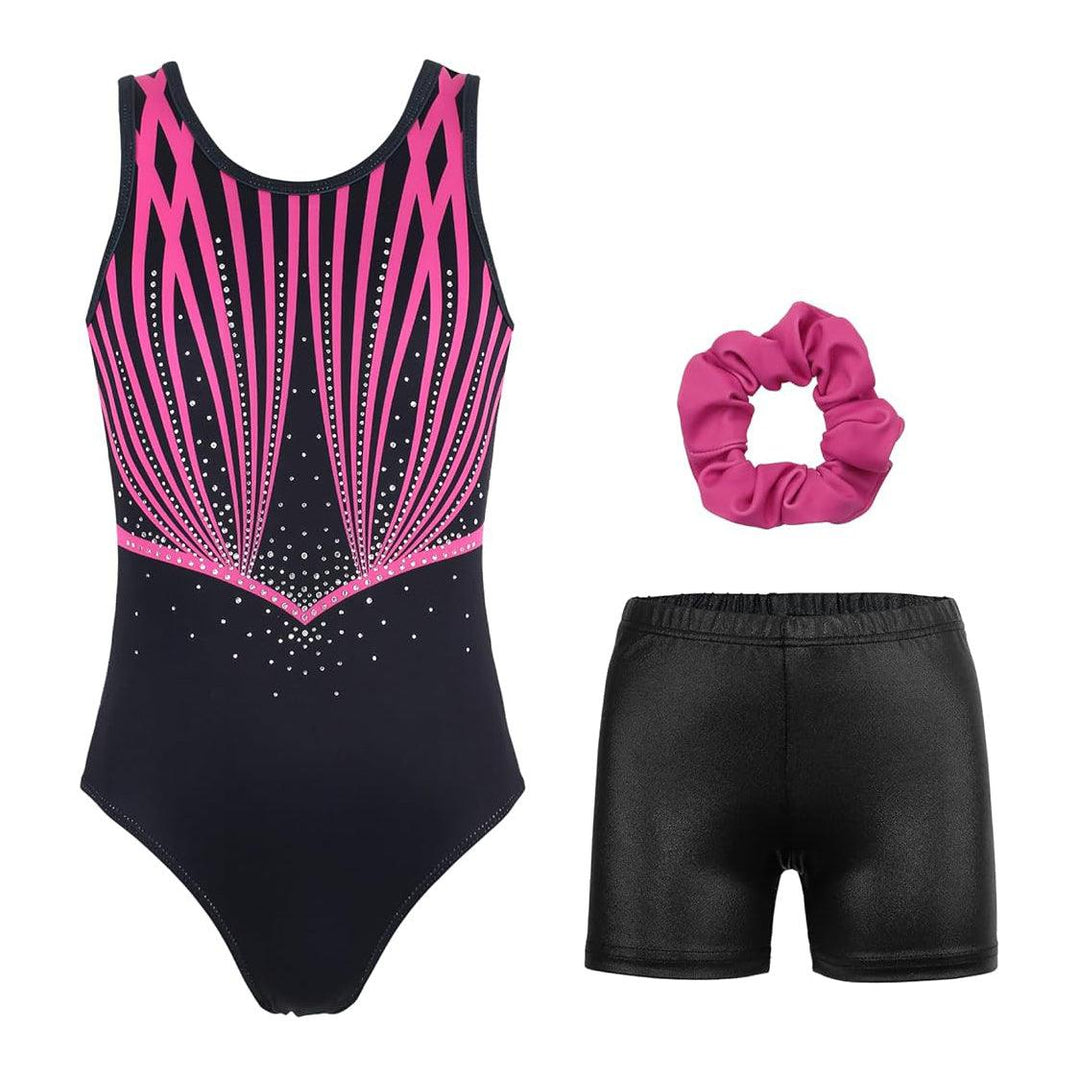 Rose Red Line Diamond Gymnastics Leotards with Shorts Set