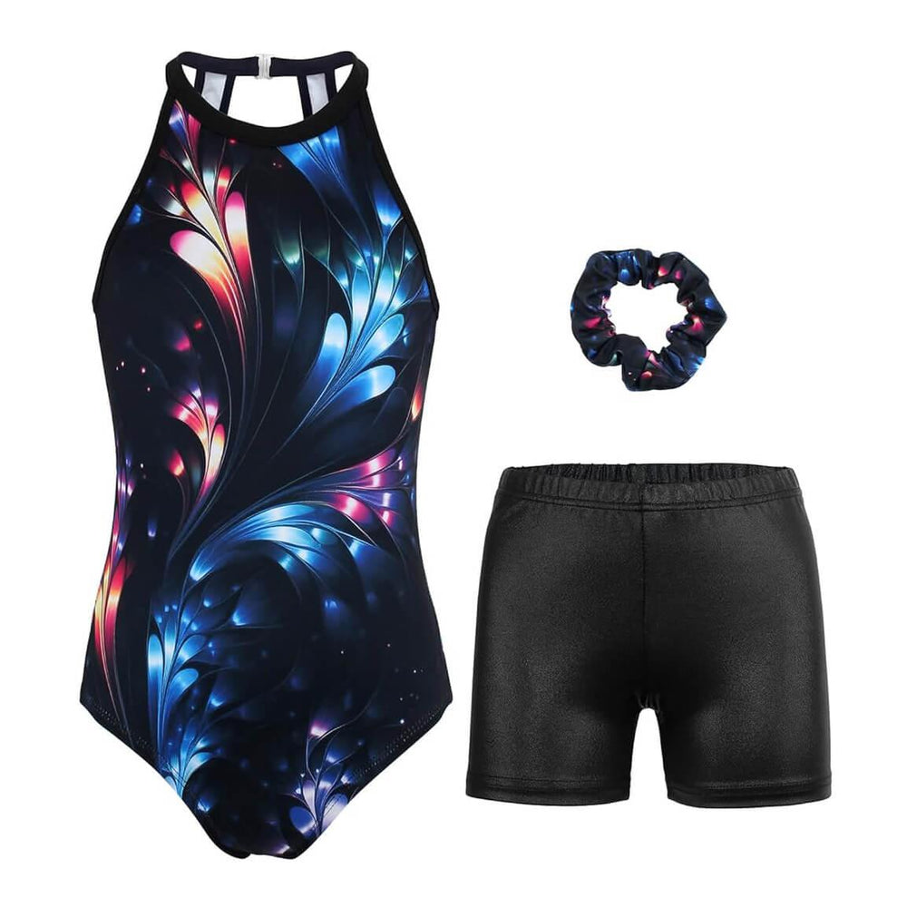 Full view of Shiny Flower Gymnastics Leotards Outfit Set