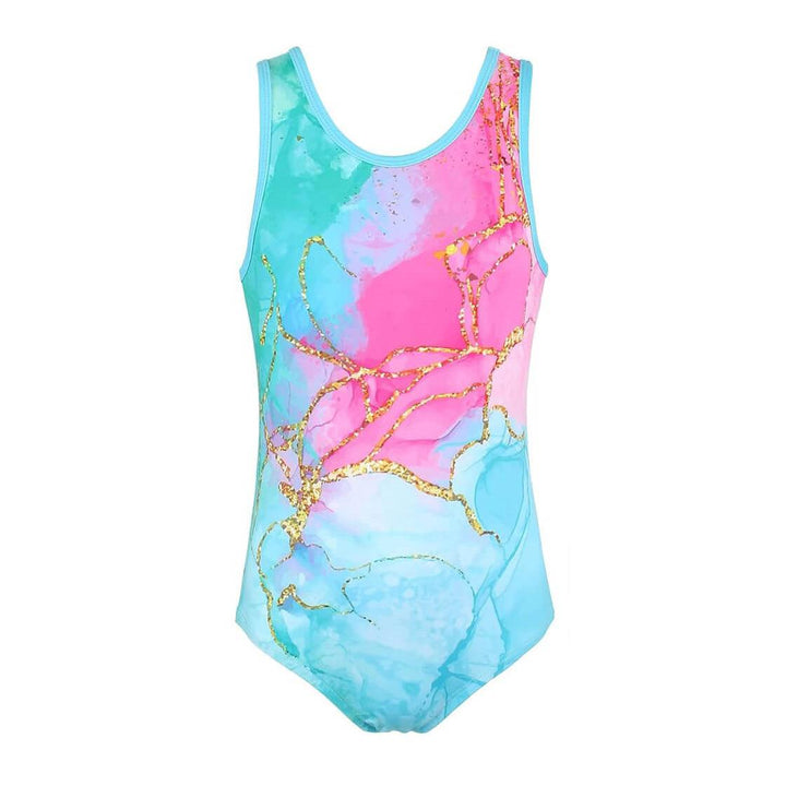 Turquoise and Pink Cracked Pattern Gymnastics Leotards with Shorts Set