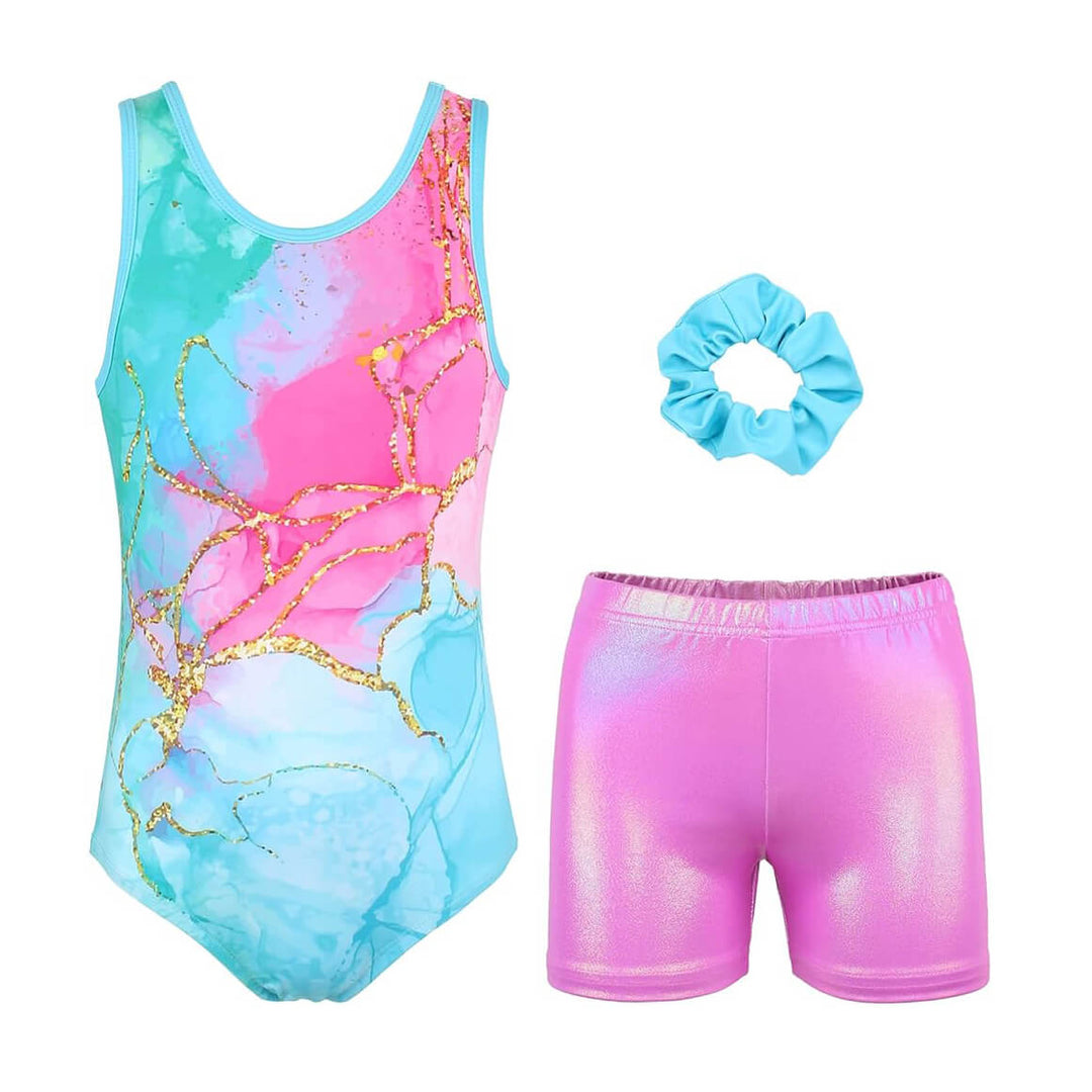 Turquoise and Pink Cracked Pattern Gymnastics Leotards with Shorts Set