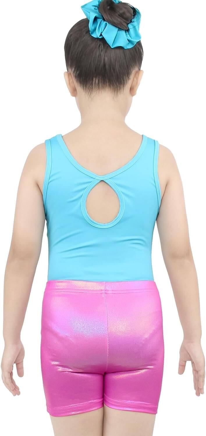 Turquoise and Pink Cracked Pattern Gymnastics Leotards with Shorts Set