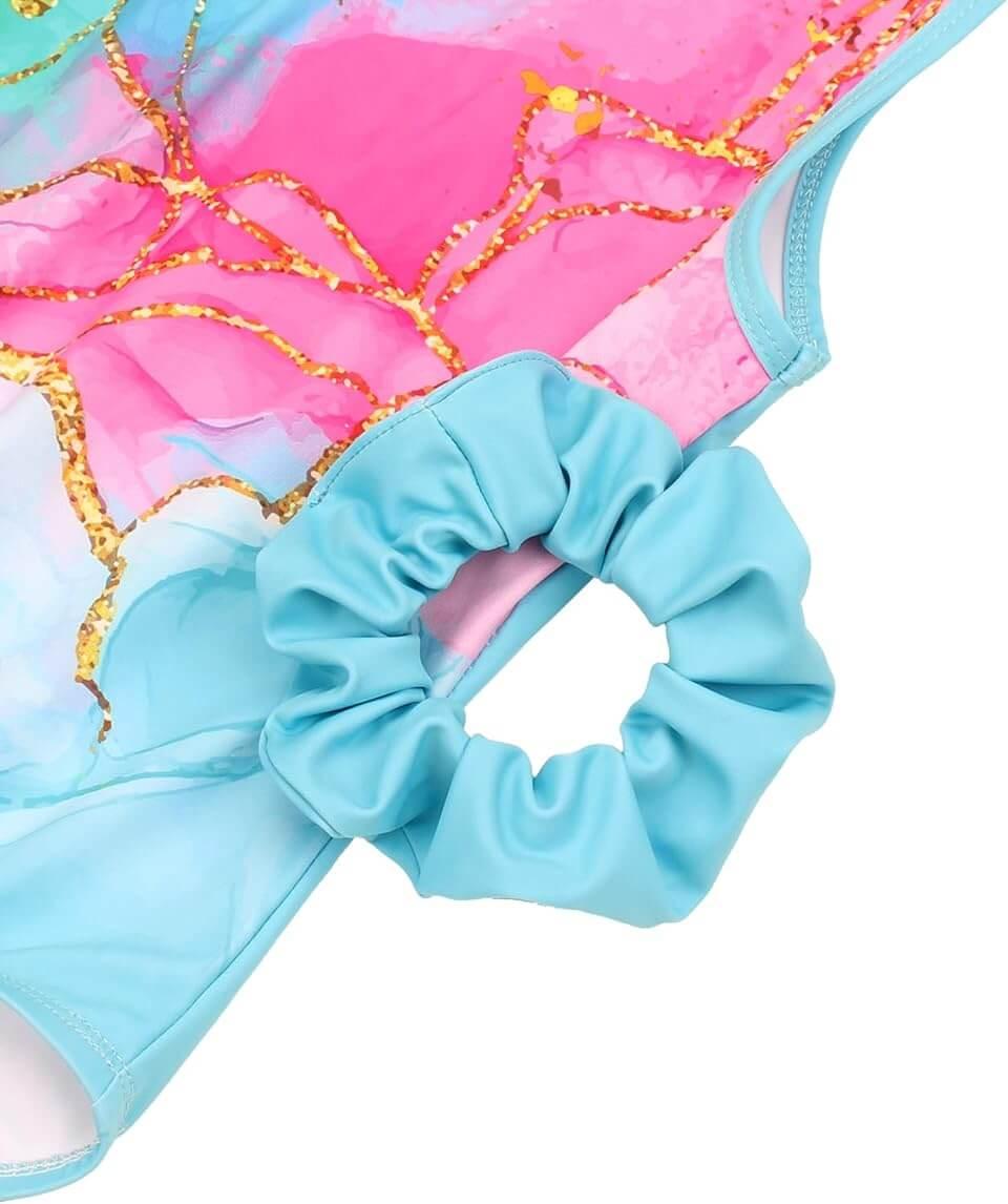 Turquoise and Pink Cracked Pattern Gymnastics Leotards with Shorts Set