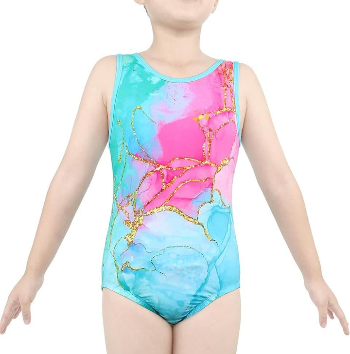 Turquoise and Pink Cracked Pattern Gymnastics Leotards with Shorts Set