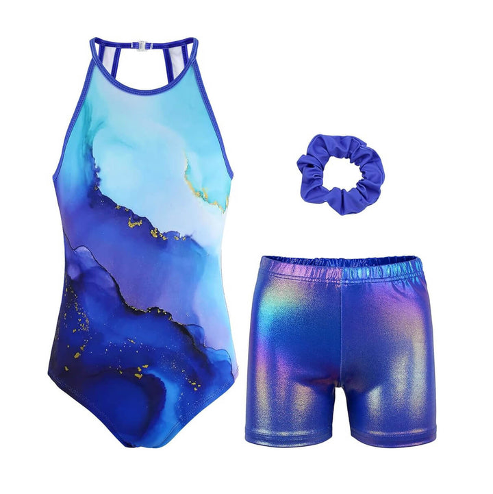 Turquoise Marble Open Back Gymnastics Leotards Outfit Set