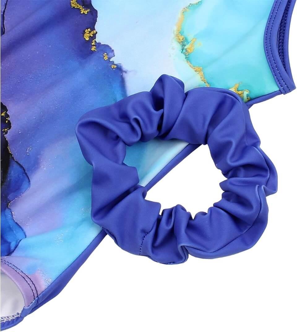 Matching Scrunchie with Turquoise Marble Open Back Gymnastics Leotard