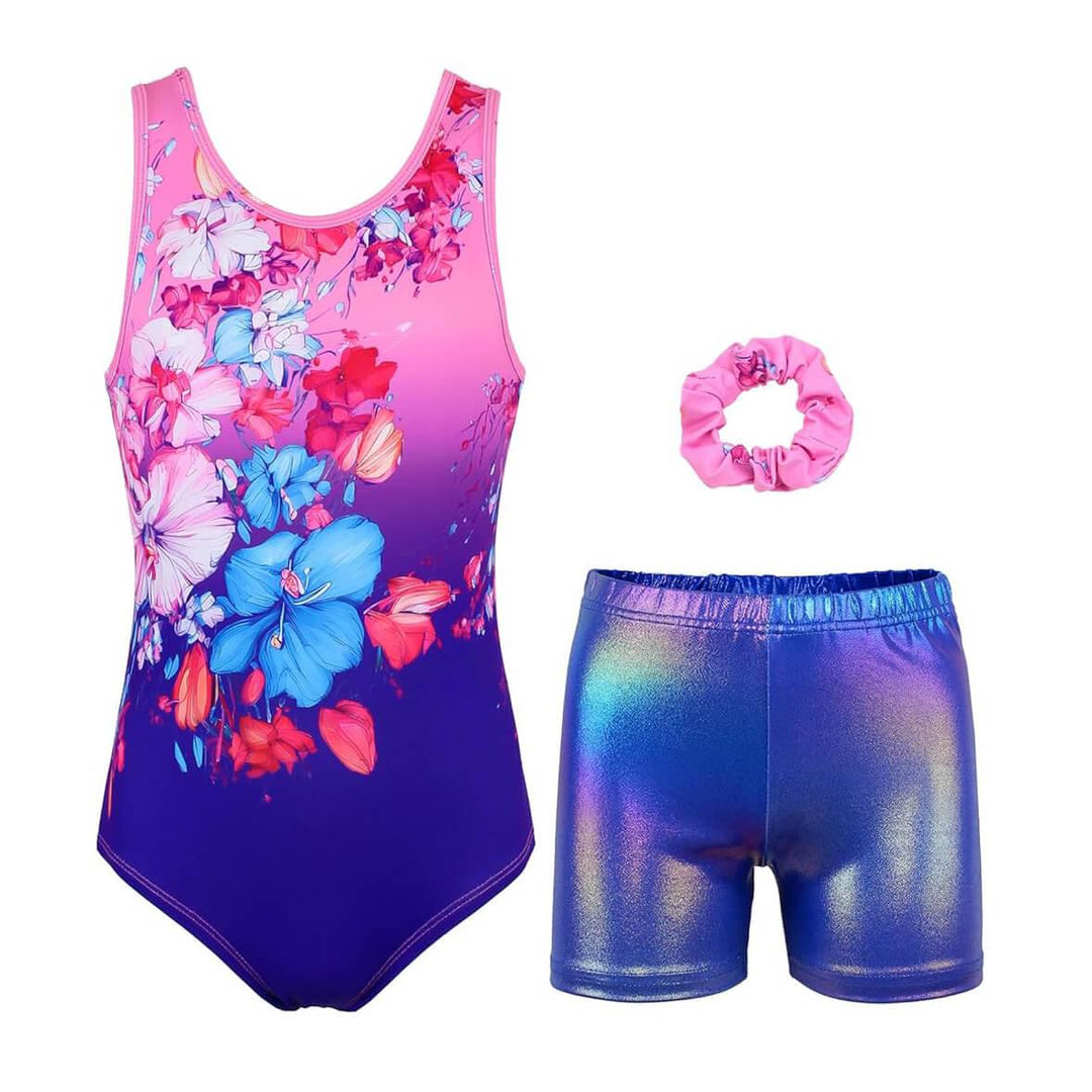 Violet Flower Pattern Gymnastics Leotards with Shorts Set