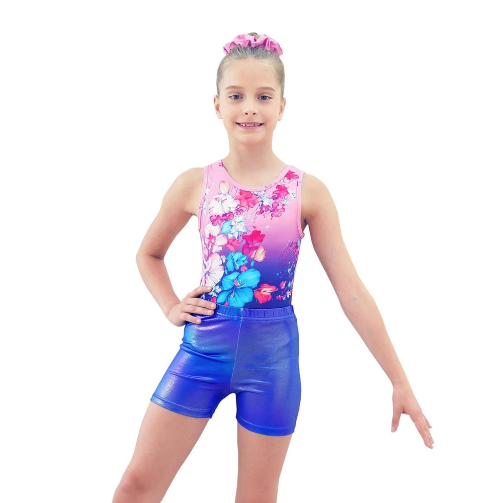 Violet Flower Pattern Gymnastics Leotards with Shorts Set