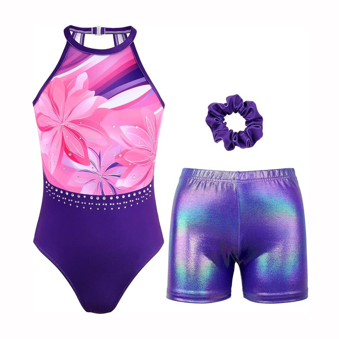 Violet Purple Open Back Gymnastics Leotards Outfit Set