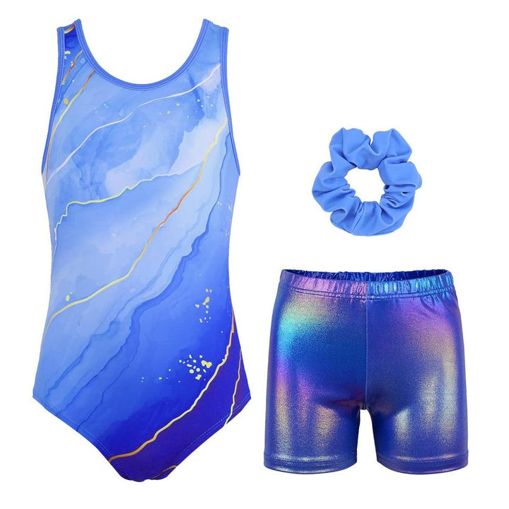 Wave Blue Gymnastics Leotards with Shorts Set for Girls