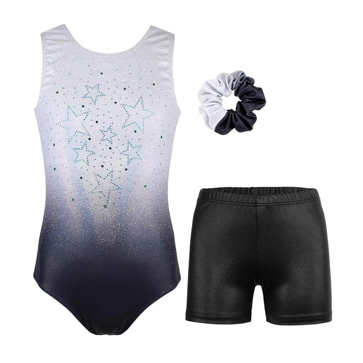 White Ombre to Black Crystal Stars Gymnastics Leotard Outfit Set