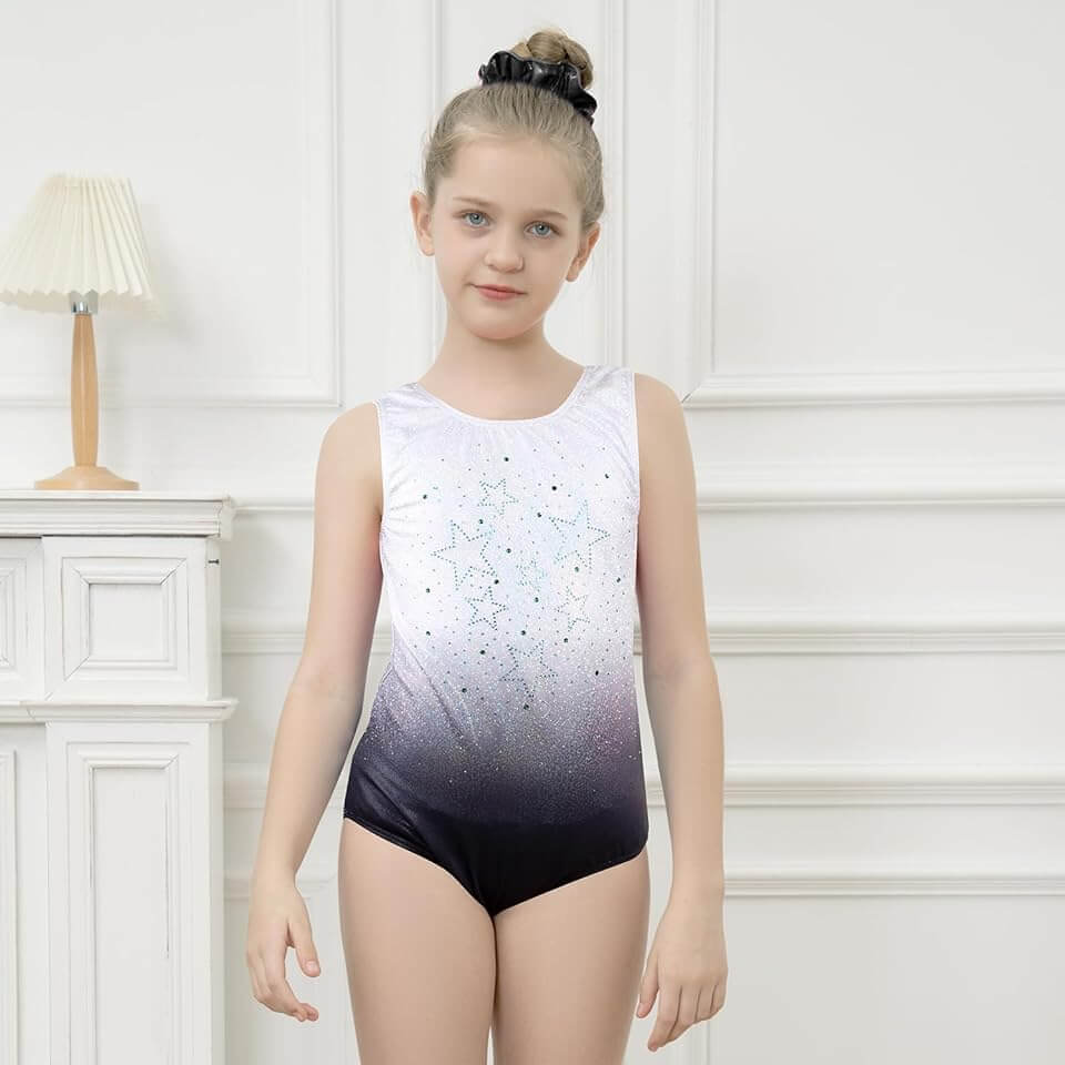 White Ombre to Black Crystal Stars Gymnastics Leotard Outfit Set