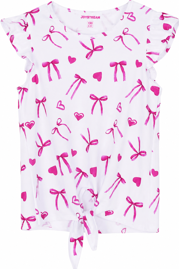 JOYSTREAM Girls Bow Print Tie-Front Flutter Sleeve Tee