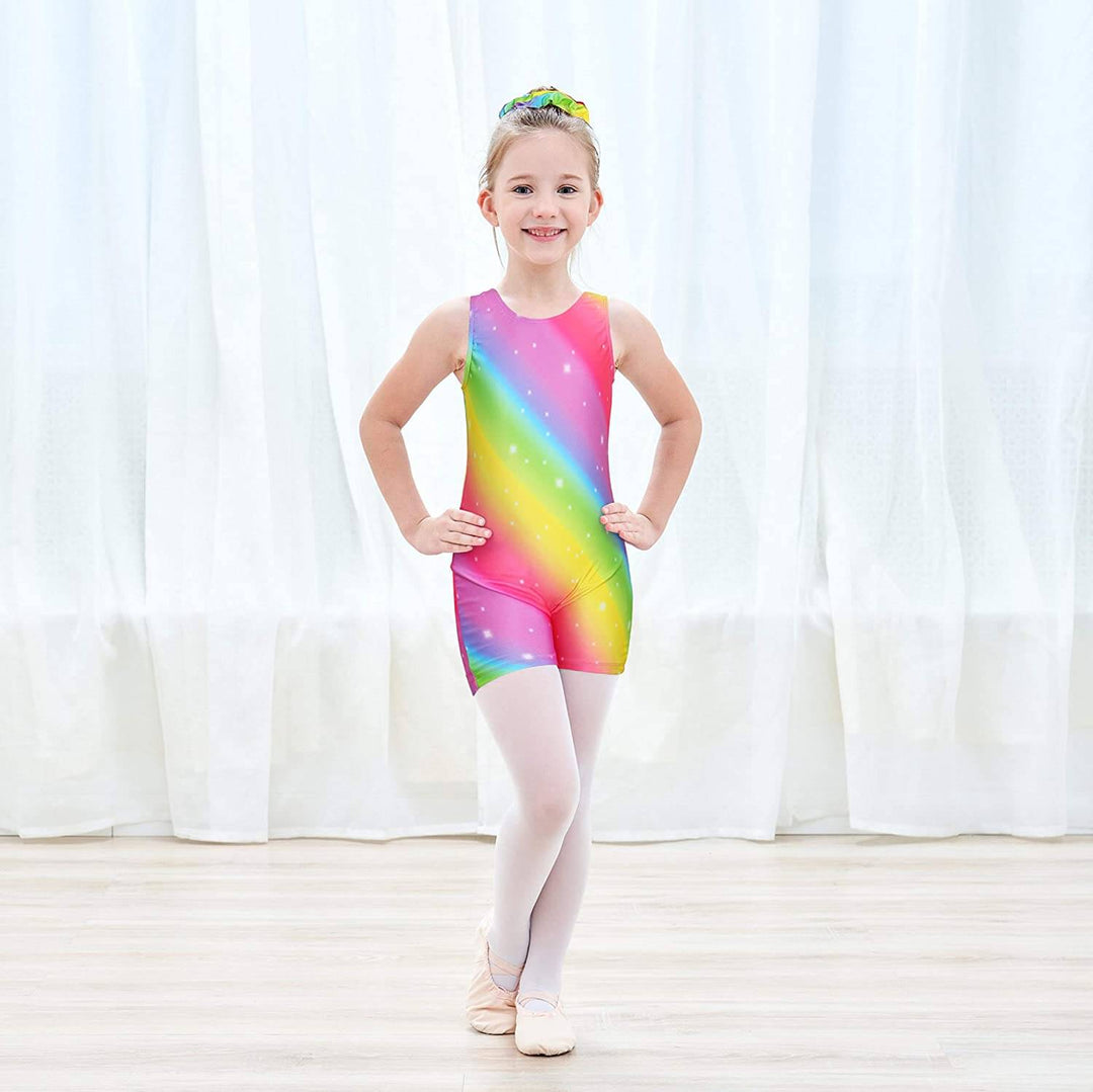 Rainbow Unitard, Biketard with Shorts for Gymnastics and Dance Girls