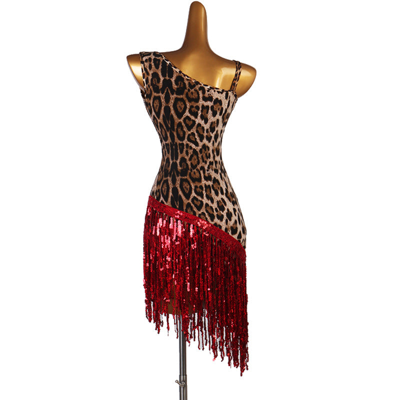 Leopard Print Custom Latin Dance Dress With Red Sequin Tassel