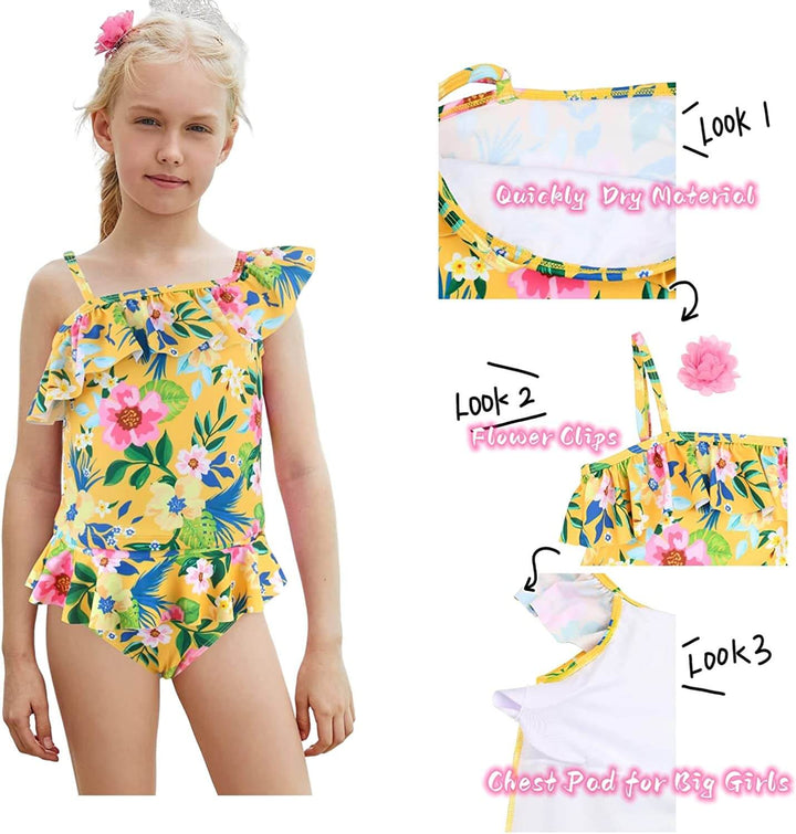 Girls Yellow Flower One Shoulder 2-Piece Swimsuits | JOYSTREAM